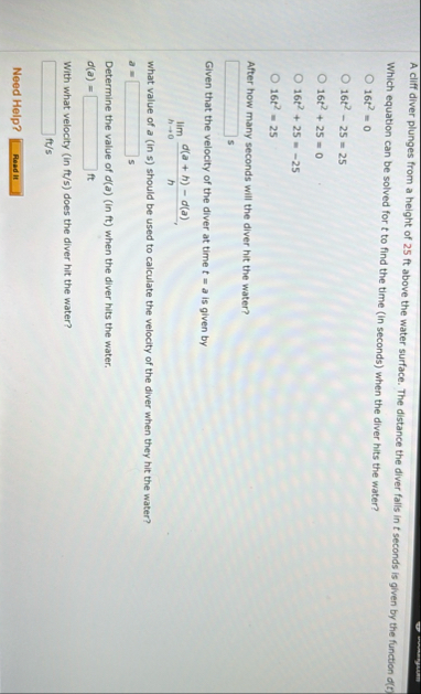 A cliff diver plunges from a height of 2 5 ft