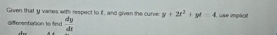 Given that y varies with respect to t , and given