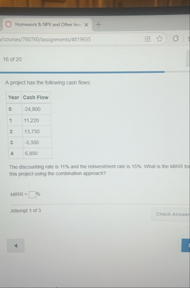 Homework 8 : NPV and Other Inve / / courses / 7 8