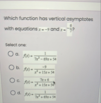 Which function has vertical asymptotes with