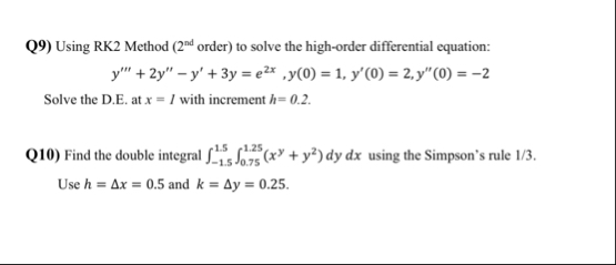 Q 9 ) Using RK 2 Method ( 2 ? n d order ) to