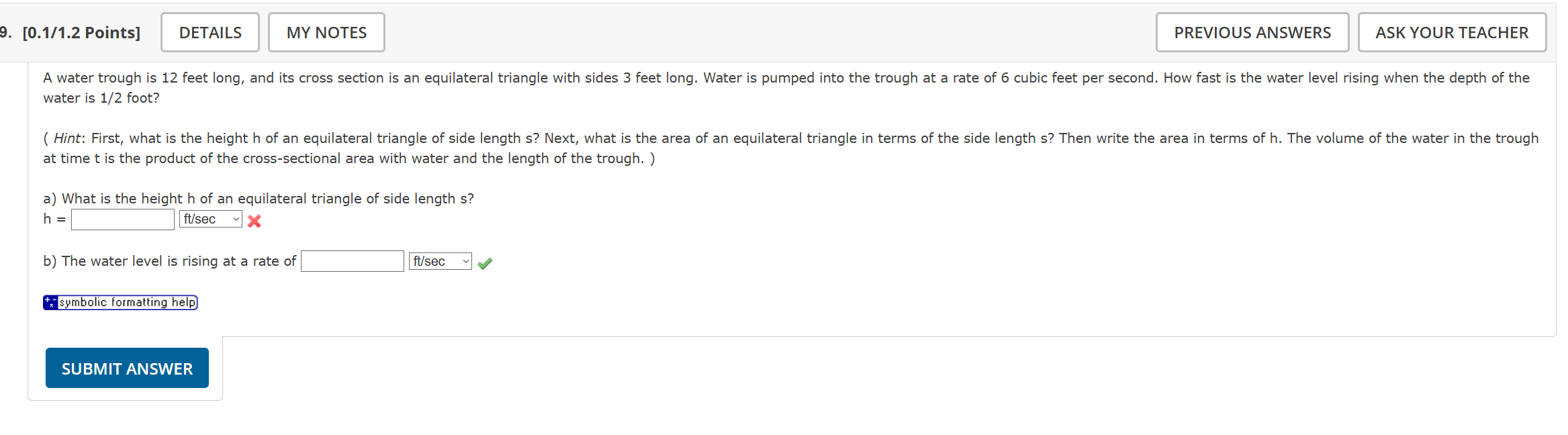 water is \ ( 1 / 2 \ ) foot? at time \ ( t \ ) is