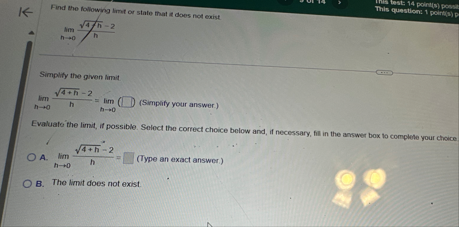SHOW FULL WORK AND STEPS Find the following limit