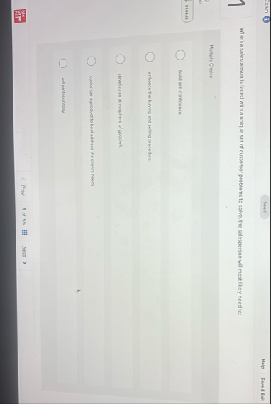 Exam ( i ) Help Save 8 Exit When a salesperson is
