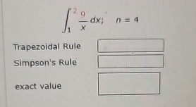 1 2 9 x d x ; , n = 4 Trapezoidal Rule Simpson's