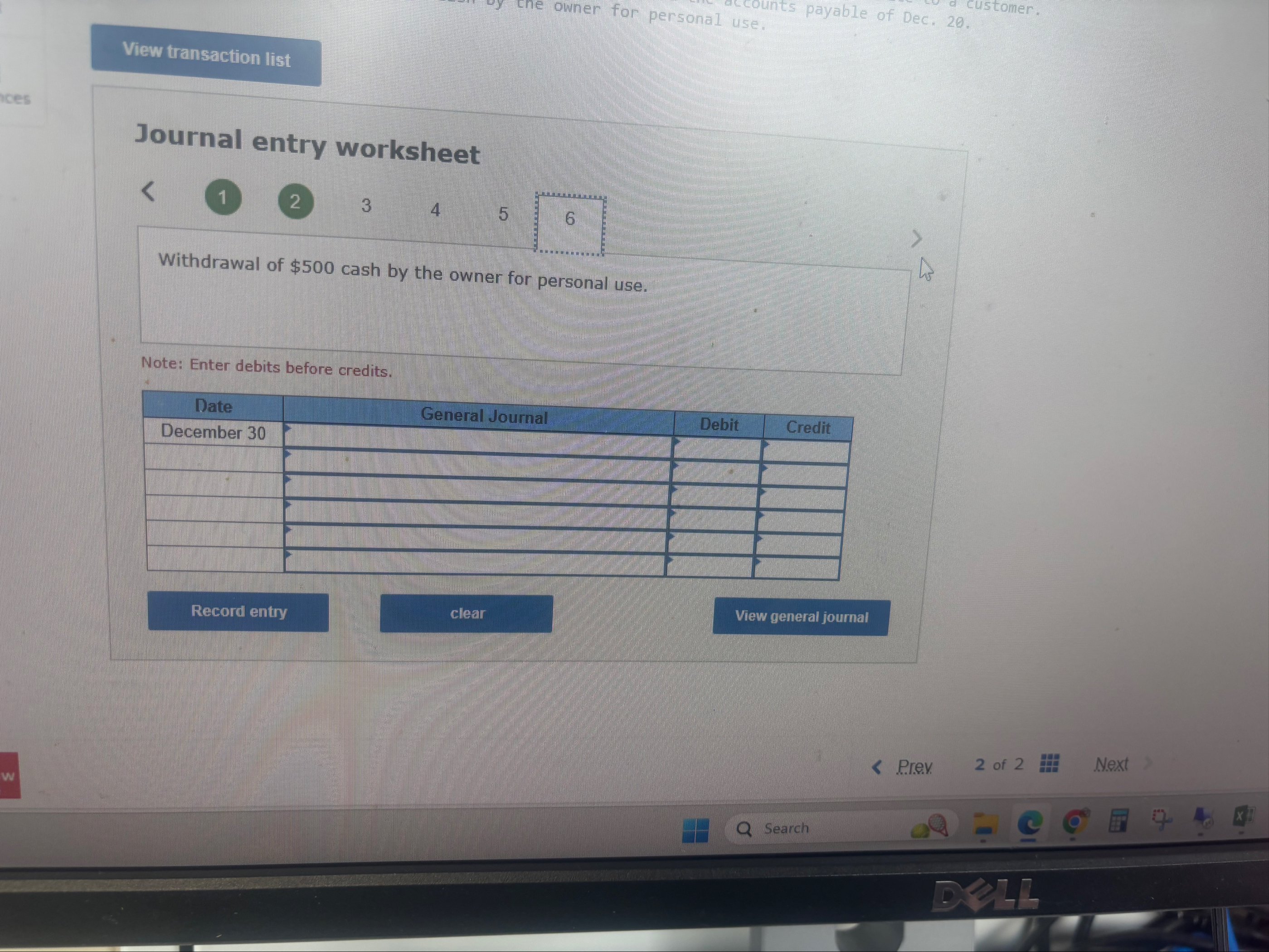 Journal entry worksheet 1 2 3 4 5 6 Withdrawal of