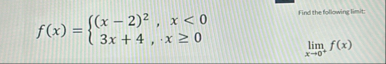 f ( x ) = { ( x - 2 ) 2 , x < 0 3 x 4 , x 0 Find