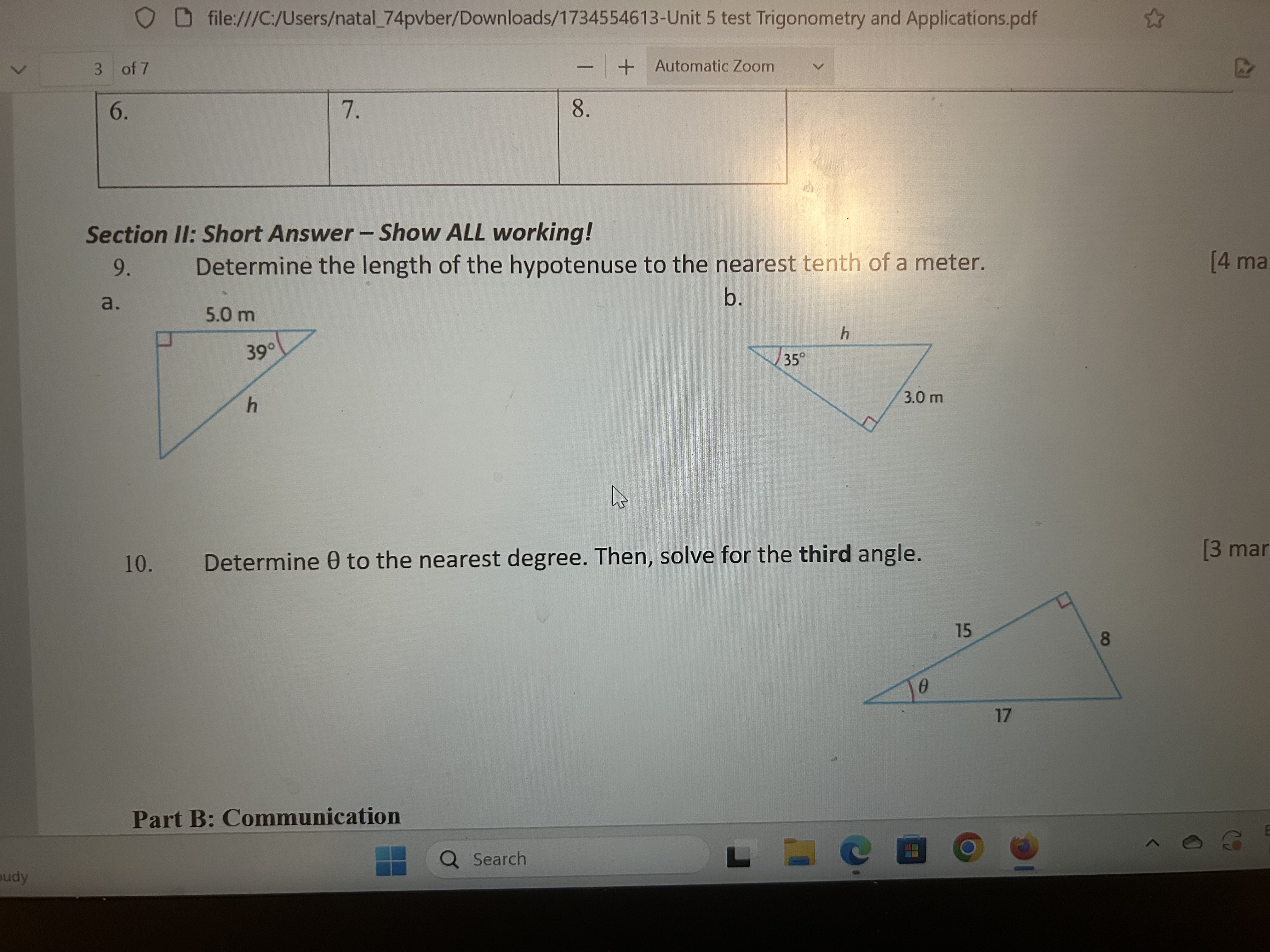 Section II: Short Answer - Show ALL working! 9 .