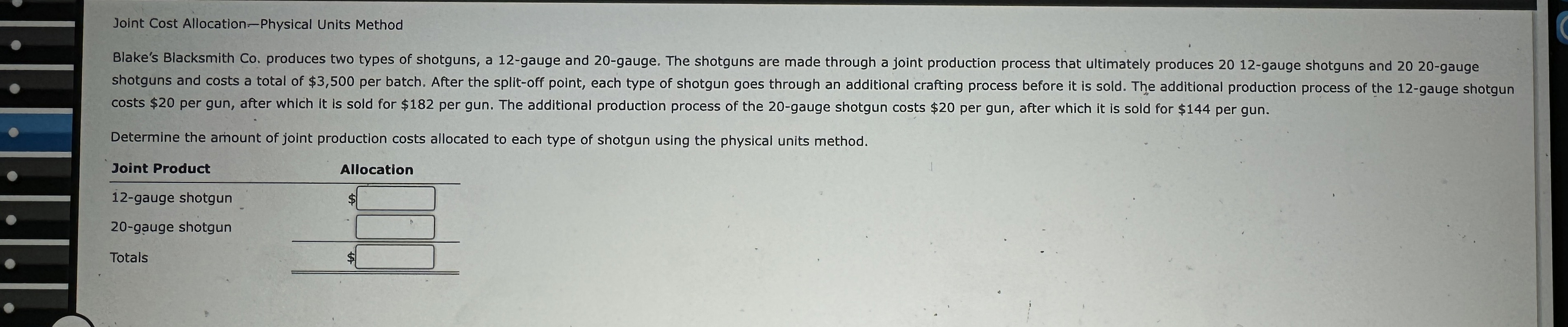 Joint Cost Allocation Physical Units Method costs