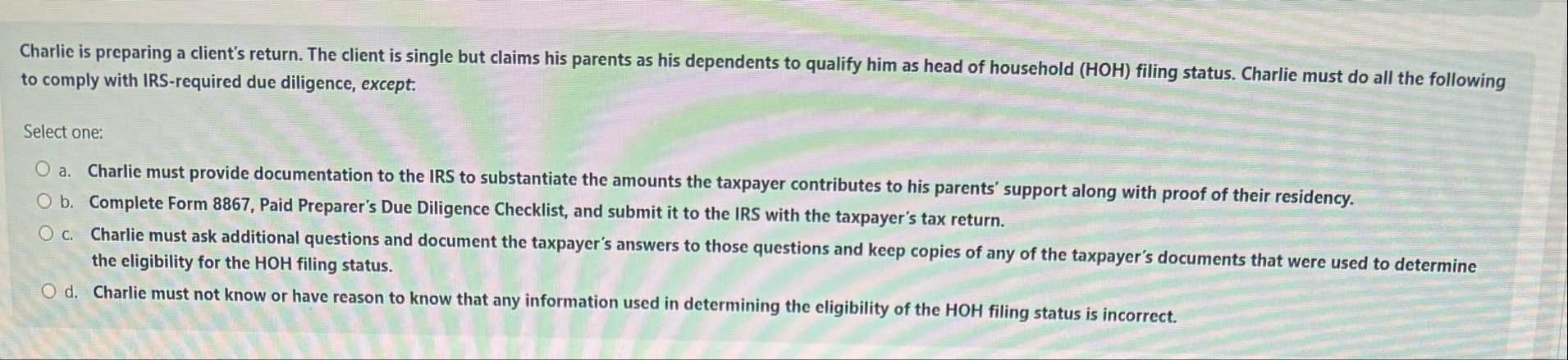 Charlie is preparing a client's return. The