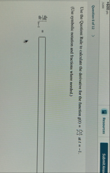 6 0 0 p t s / 1 2 0 0 Resources Question 6 of 1 2