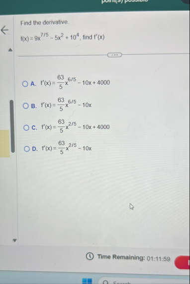 Find the derivative. f ( x ) = 9 x 7 5 - 5 x 2 1