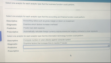 Select one analytic for each analytic type that