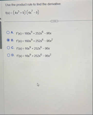 Use the product rule to find the derivative. f (