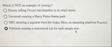 Which is NOT an example of synergy? Disney