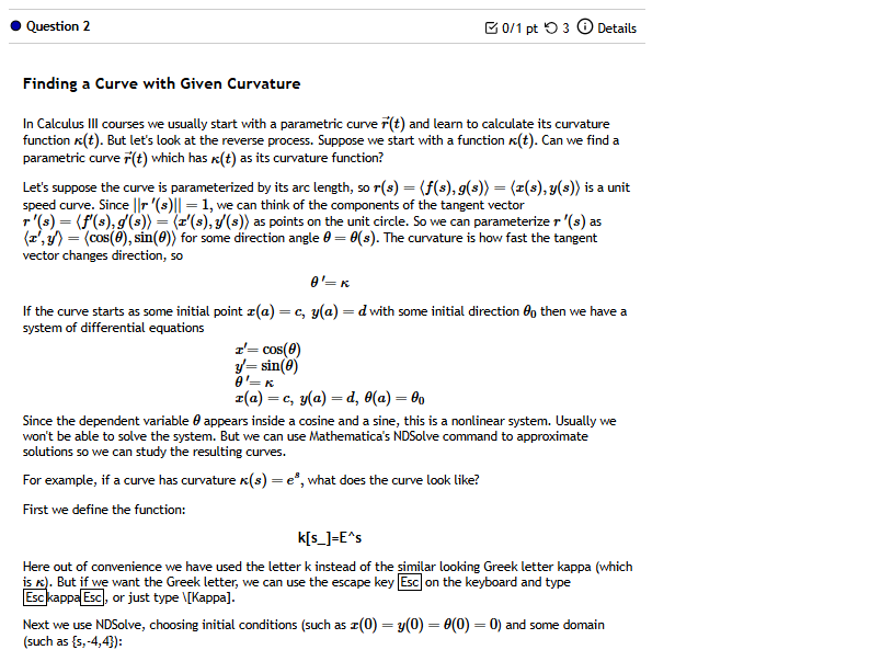 Finding a Curve with Given Curvature I n Calculus