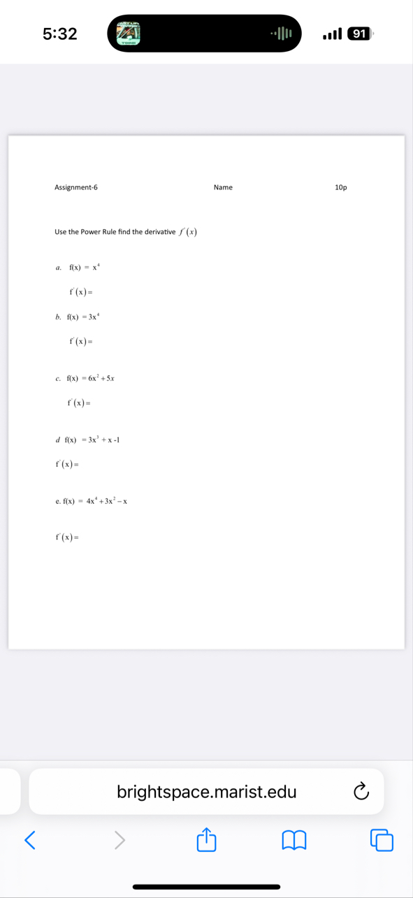 Use the Power Rule find the derivative f ' ( x )