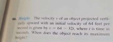 6 h . Whis The velocity v of an object projected