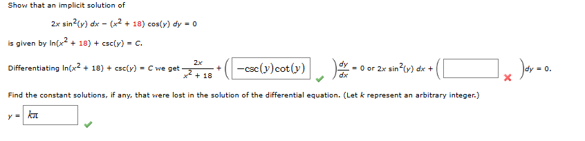 Show that a n implicit solution o f 2 x s i n 2 (