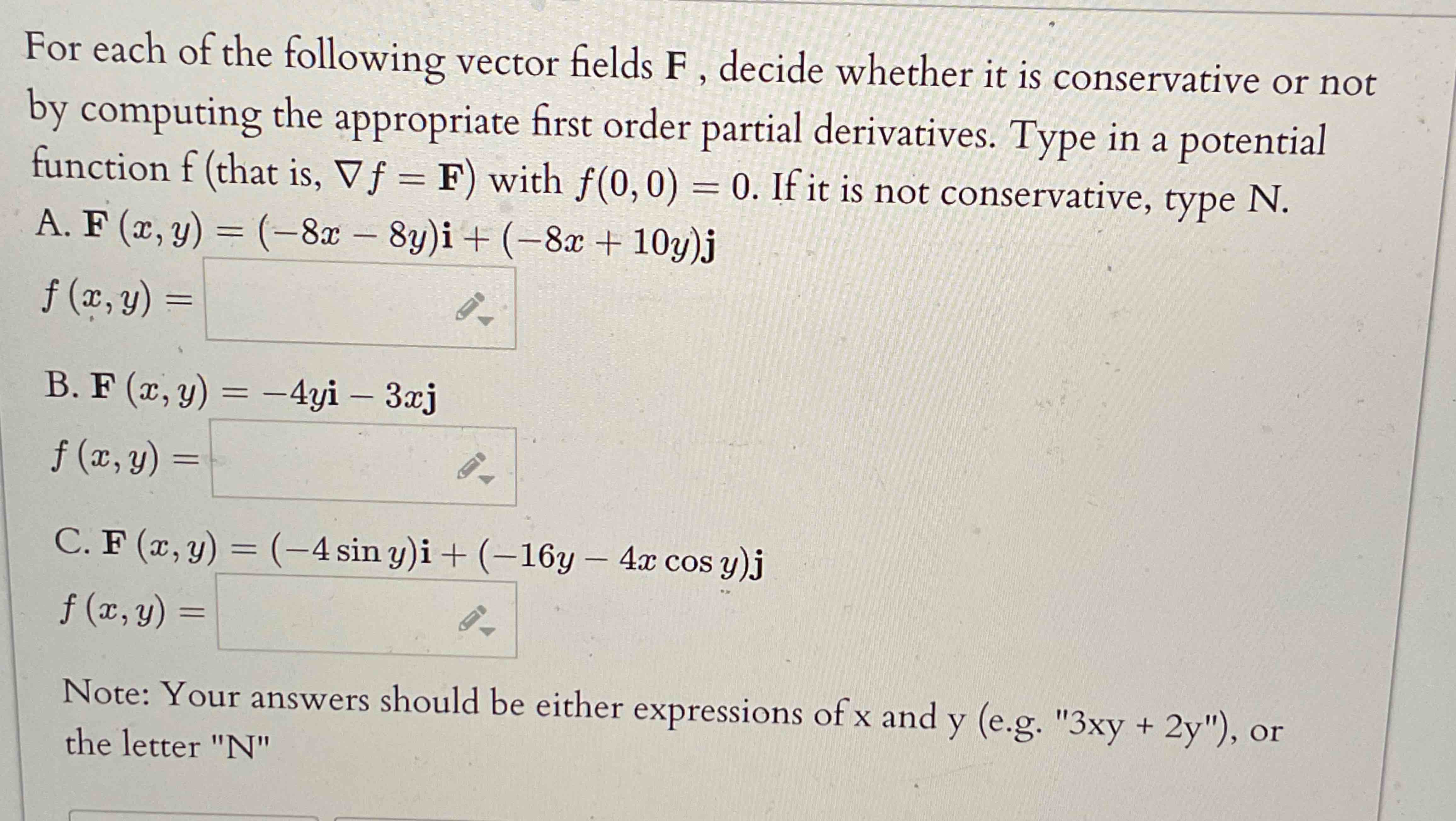 For each o f the following vector fields Fgradf =