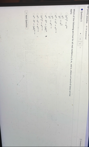 4 0 points possible 4 / 1 4 answered Question 5