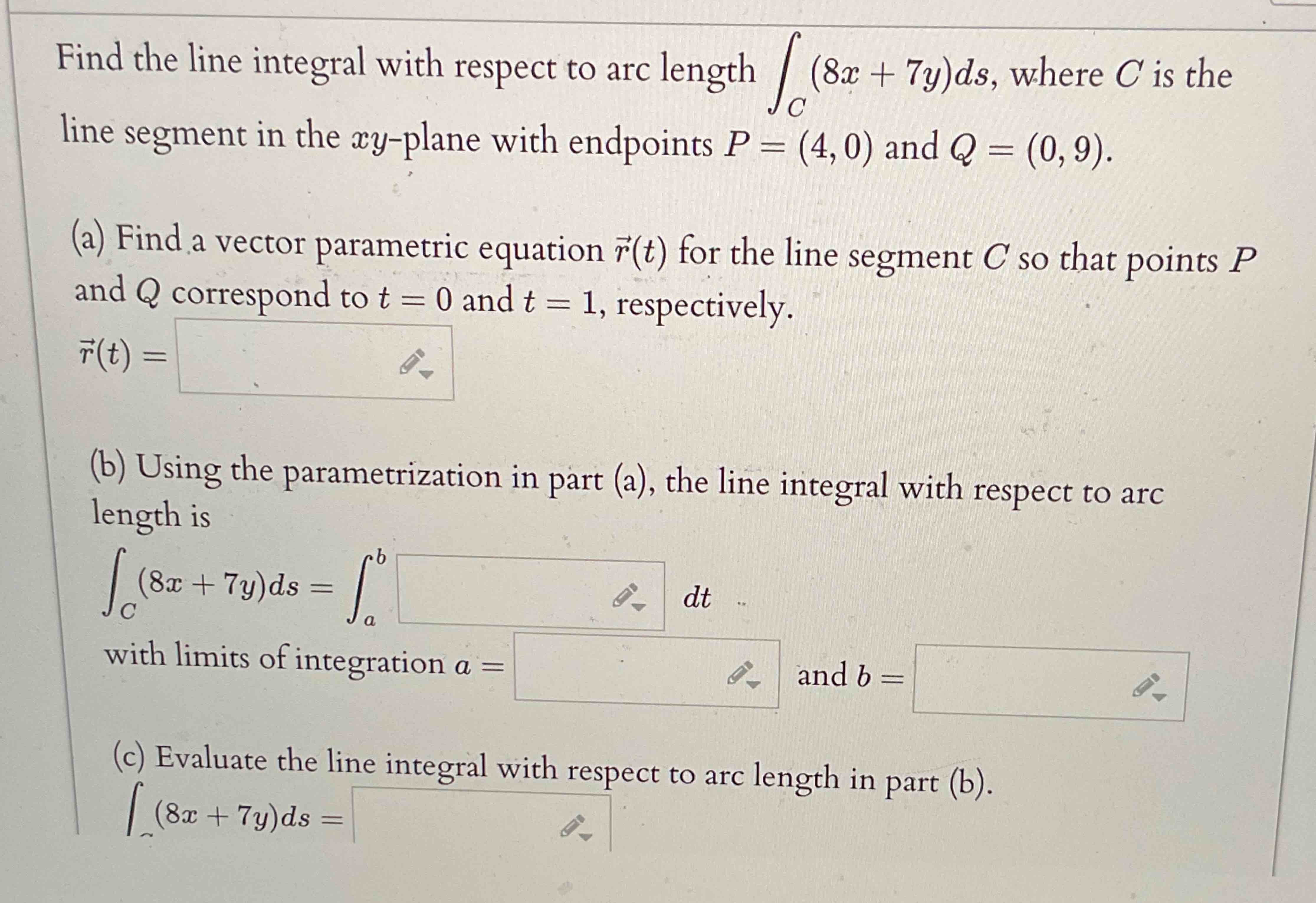Find the line integral with respect t o arc