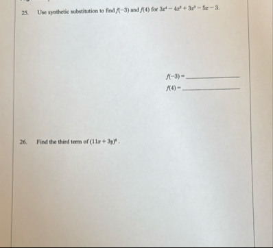 Use synthetic substitution to find f ( - 3 ) and