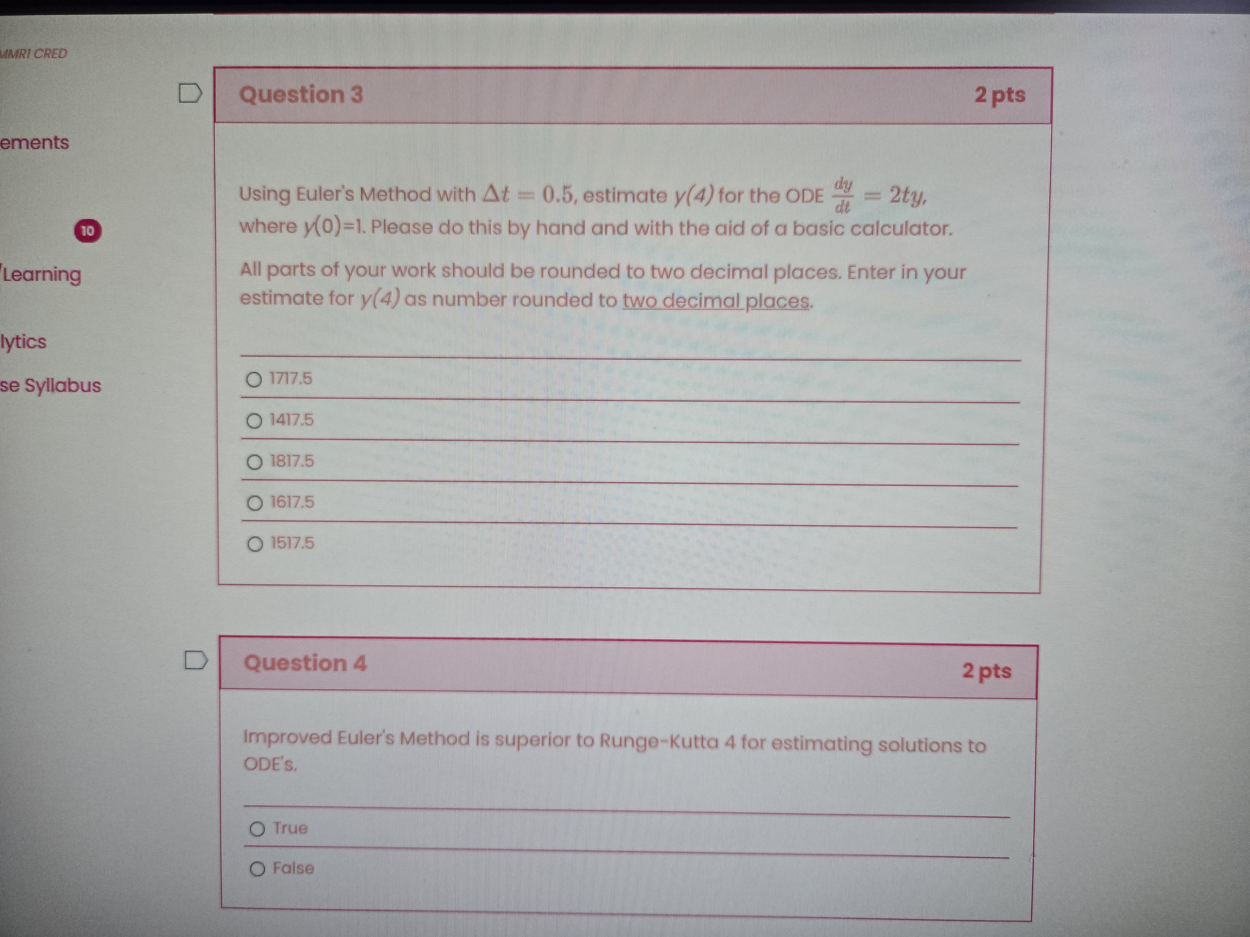 Question 3 2 p t s ements Using Euler's Method