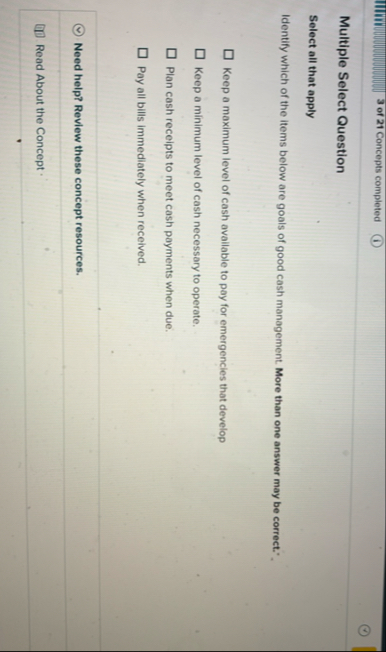 3 of 2 1 Concepts completed Multiple Select