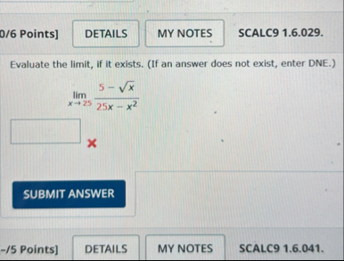0 / 6 Points ] SCALC 9 1 . 6 . 0 2 9 . Evaluate