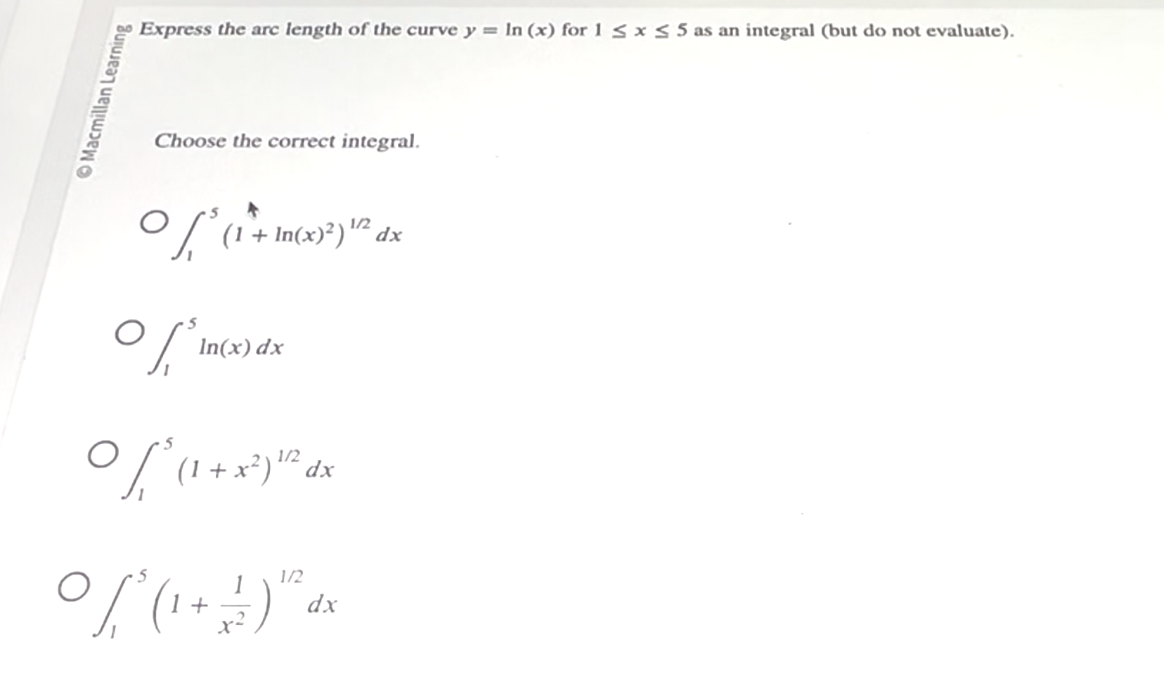Express the arc length o f the curve y = l n ( x