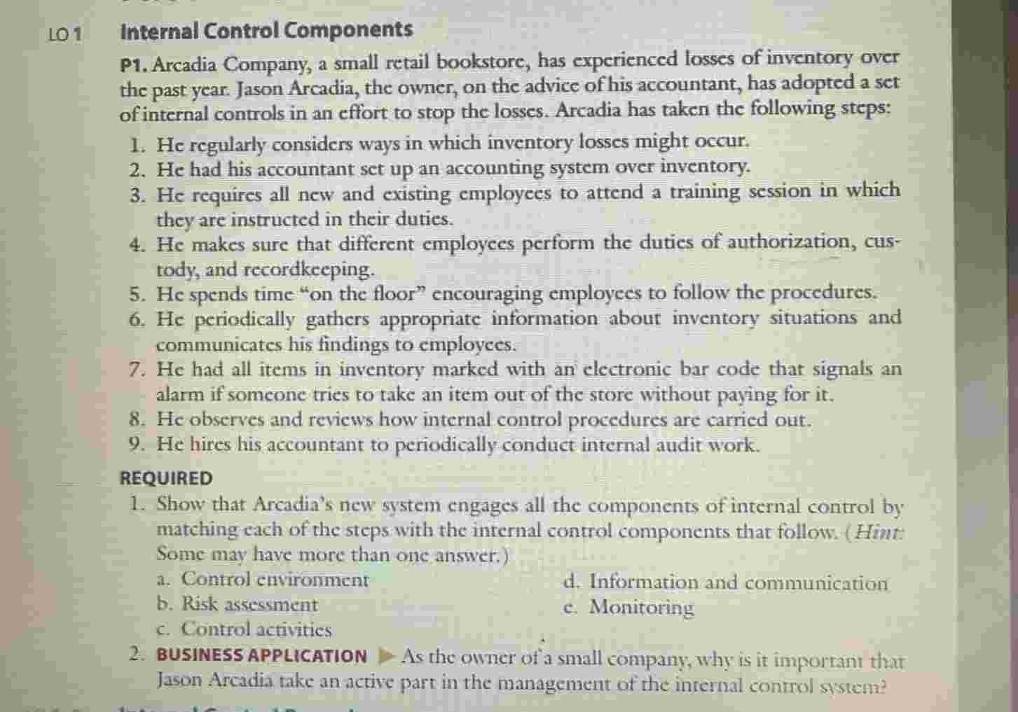 LO 1 Internal Control Components P 1 . Arcadia