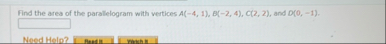 Find the area of the parallelogram with vertices