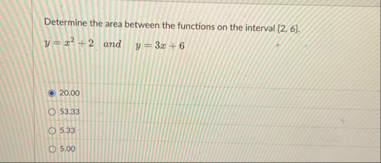 Determine the area between the functions on the