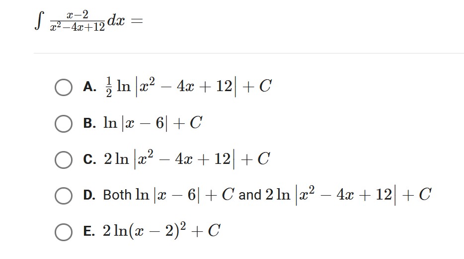 x - 2 x 2 - 4 x + 1 2 d x = A . 1 2 l n | x 2 - 4