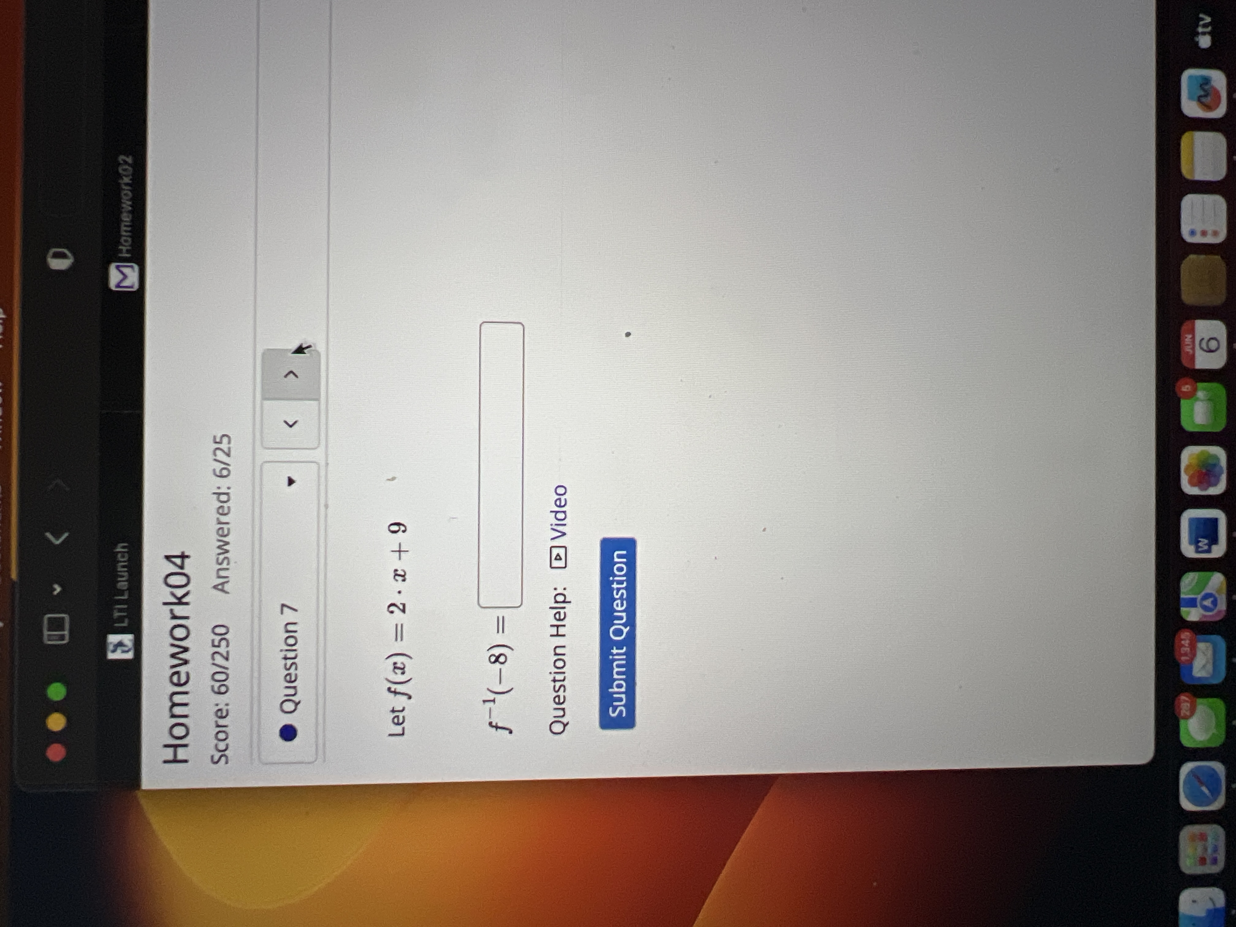 Let f ( x ) = 2 * x + 9 f - 1 ( - 8 ) =