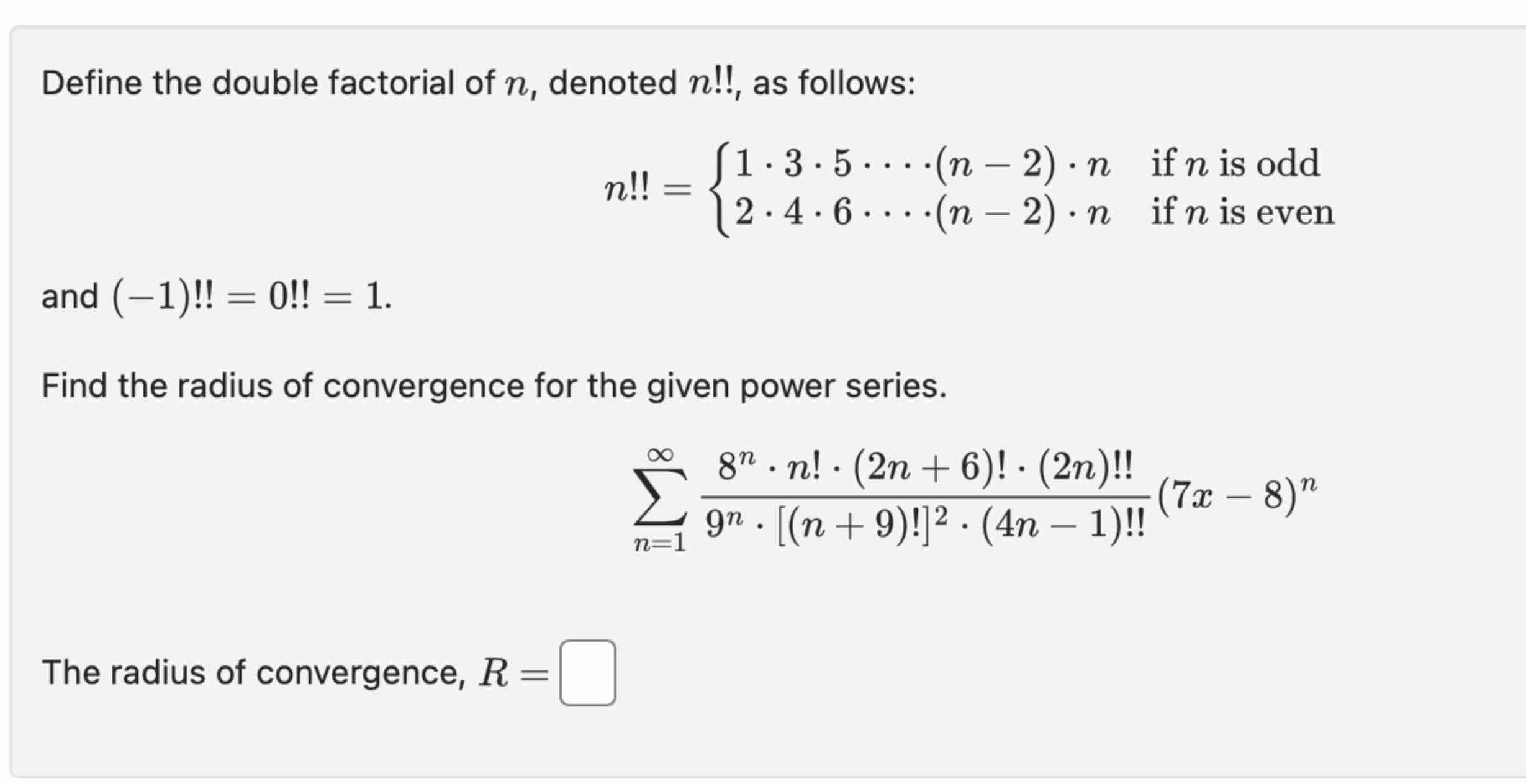 Define the double factorial o f n , denoted n ! !