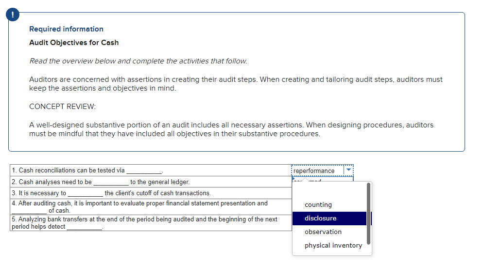 Required information Audit Objectives for Cash