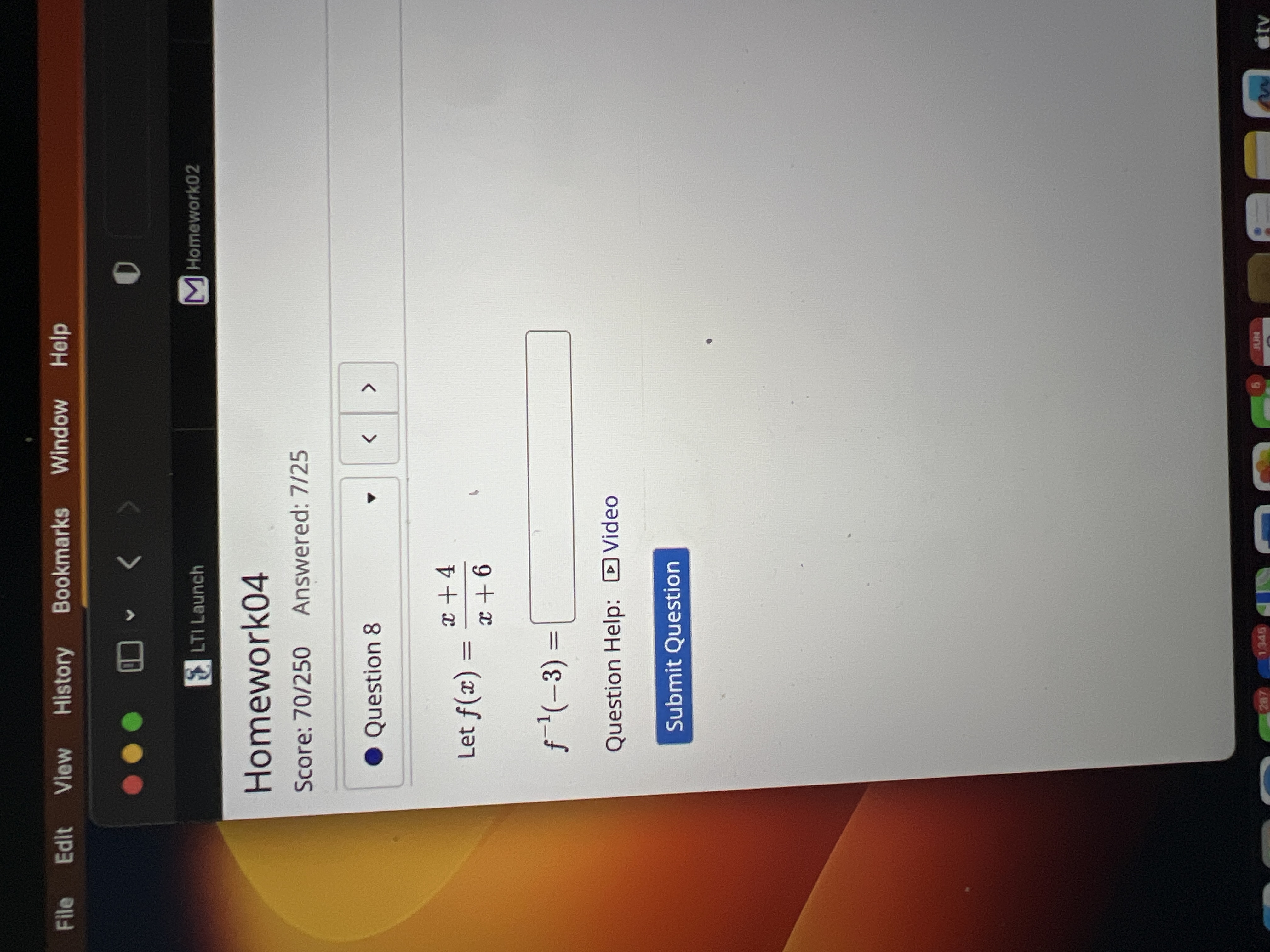 Let f ( x ) = x + 4 x + 6 f - 1 ( - 3 ) =