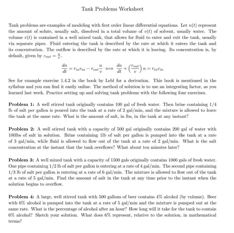 Tank Problems Worksheet Tank problems are