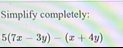 Simplify completely: 5 ( 7 x - 3 y ) - ( x 4 y )