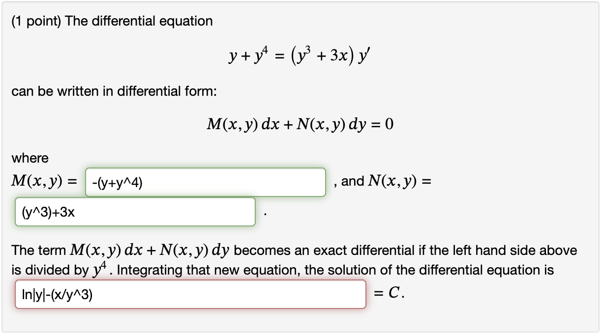 The differential equation y - 3 y 4 = ( y 3 + 3 x