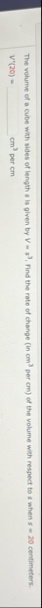 The volume of a cube with sides of length s is