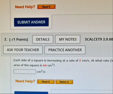 Need Help? 2 . [ - / 1 Points ] SCALCET 9 3 . 9 .