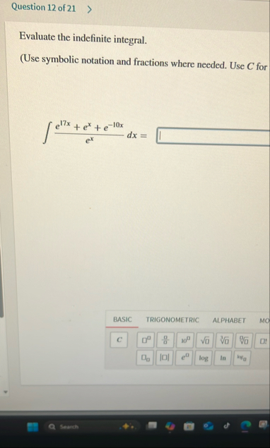 Question 1 2 of 2 1 Evaluate the indefinite