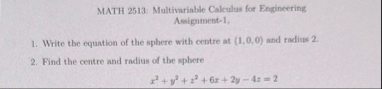 MATH 2 5 1 3 : Multivariable Calculus for