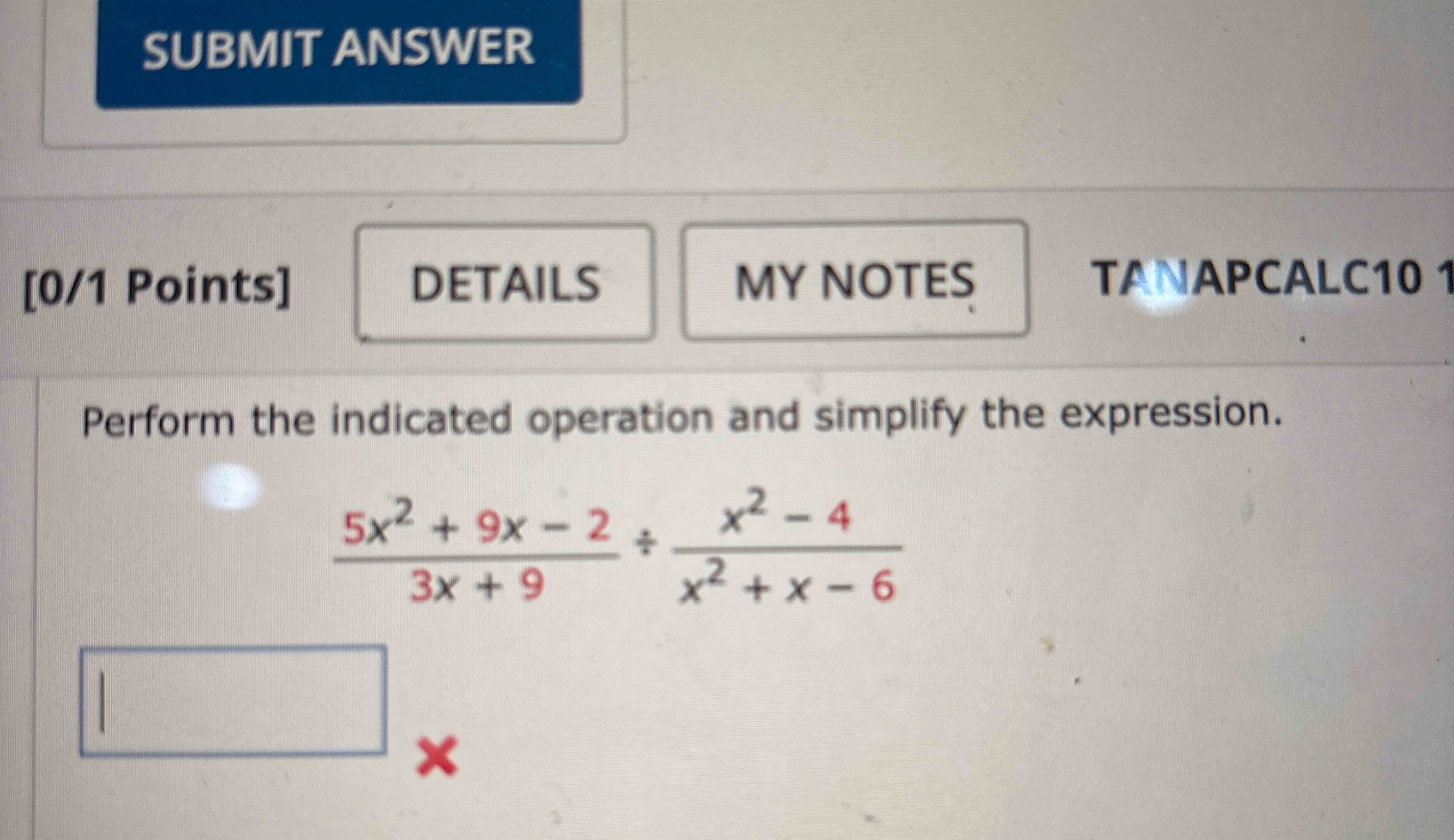 SUBMIT ANSWER [ 0 1 Points ] DETAILS M Y NOTES