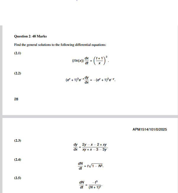 Question 2 : 4 8 Marks Find the general solutions