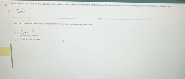 lim x x l n x 1 8 Seloct the correct choice below