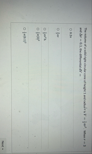 The volume of a solid right circular cone of